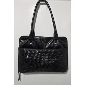 Latico Black Leather Business Tote Briefcase Laptop Case Organizer Woven Pocket